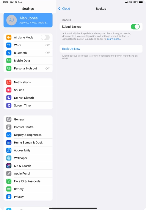 Press Back Up Now and wait while the tablet memory is backed up.