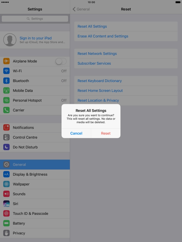 Press Reset. Wait a moment while the factory default settings are restored. 
Follow the instructions on the screen to set up your tablet and prepare it for use.