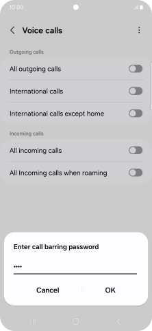 Key in your barring password and press OK. The default barring password is 0000.
