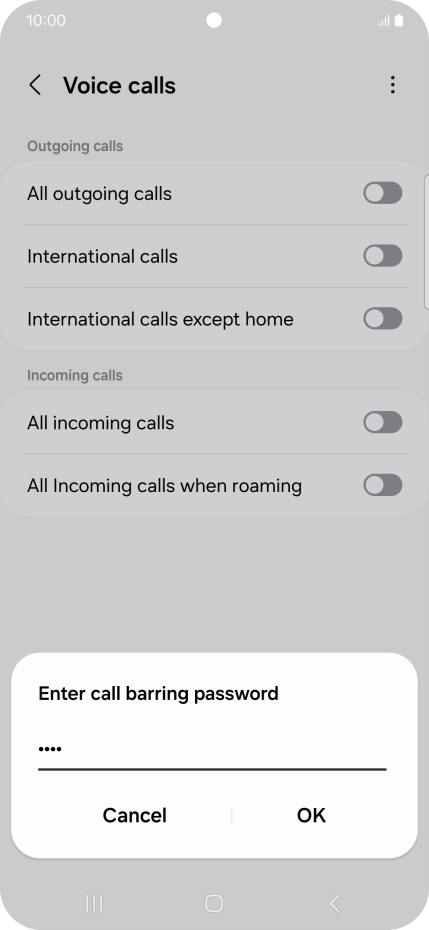 Key in your barring password and press OK. The default barring password is 0000.
