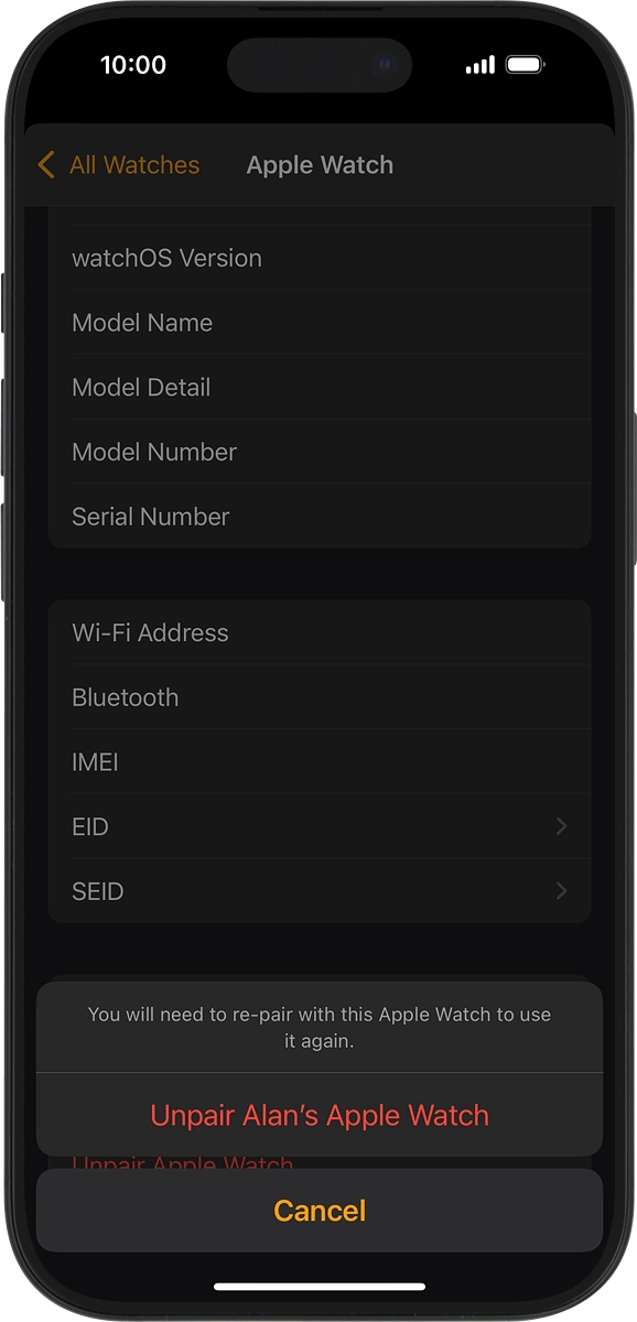 On your phone: Press Unpair Apple Watch and follow the instructions on the screen to unpair your Apple Watch and your phone. When prompted, key in the password for your Apple ID.