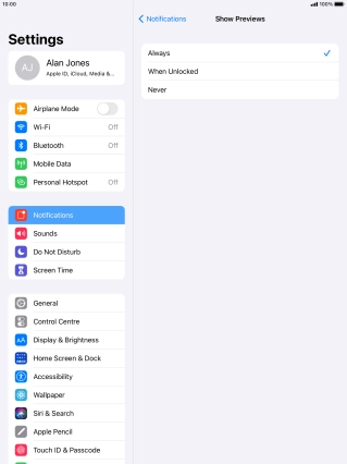 To select notification preview on the lock screen, press Always.