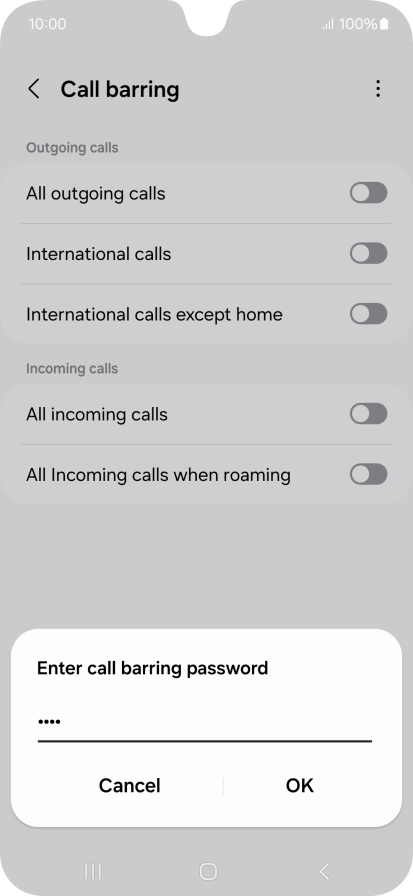 Key in your barring password and press OK. The default barring password is 0000.