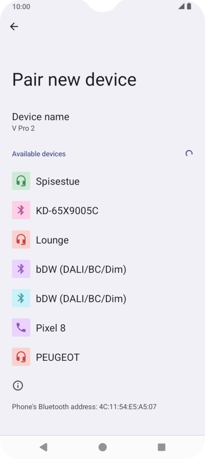 Press the required Bluetooth device and follow the instructions on the screen to pair the device with your phone.