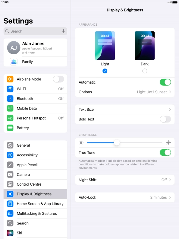 If you turn on the function, press Options and follow the instructions on the screen to select the required period of time for Dark Mode.