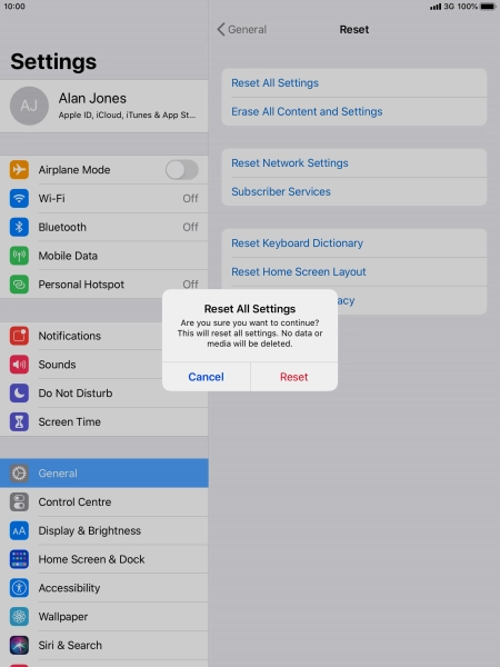 Press Reset. Wait a moment while the factory default settings are restored. Follow the instructions on the screen to set up your tablet and prepare it for use.