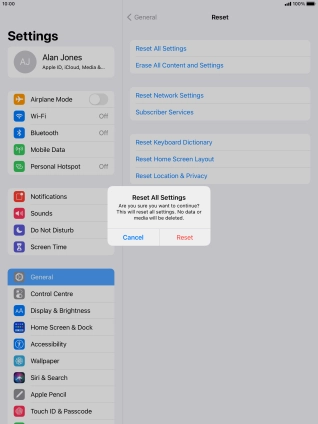 Press Reset. Wait a moment while the factory default settings are restored. Follow the instructions on the screen to set up your tablet and prepare it for use.