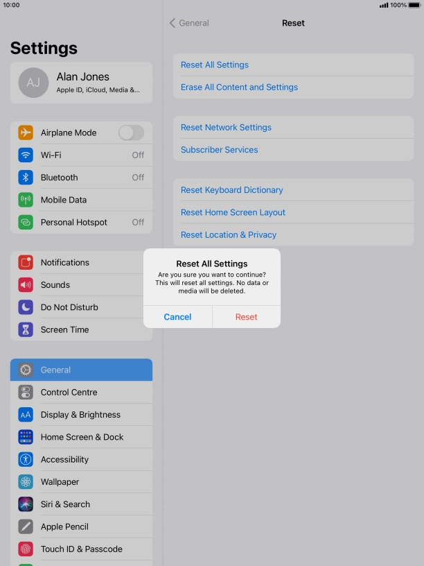 Press Reset. Wait a moment while the factory default settings are restored. Follow the instructions on the screen to set up your tablet and prepare it for use.