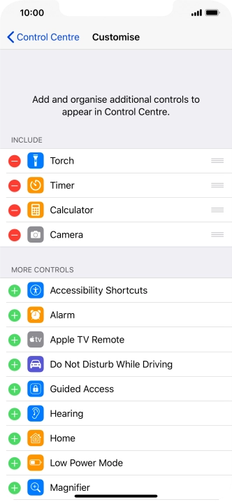 Press the delete icon next to the required function to remove it from Control Centre.