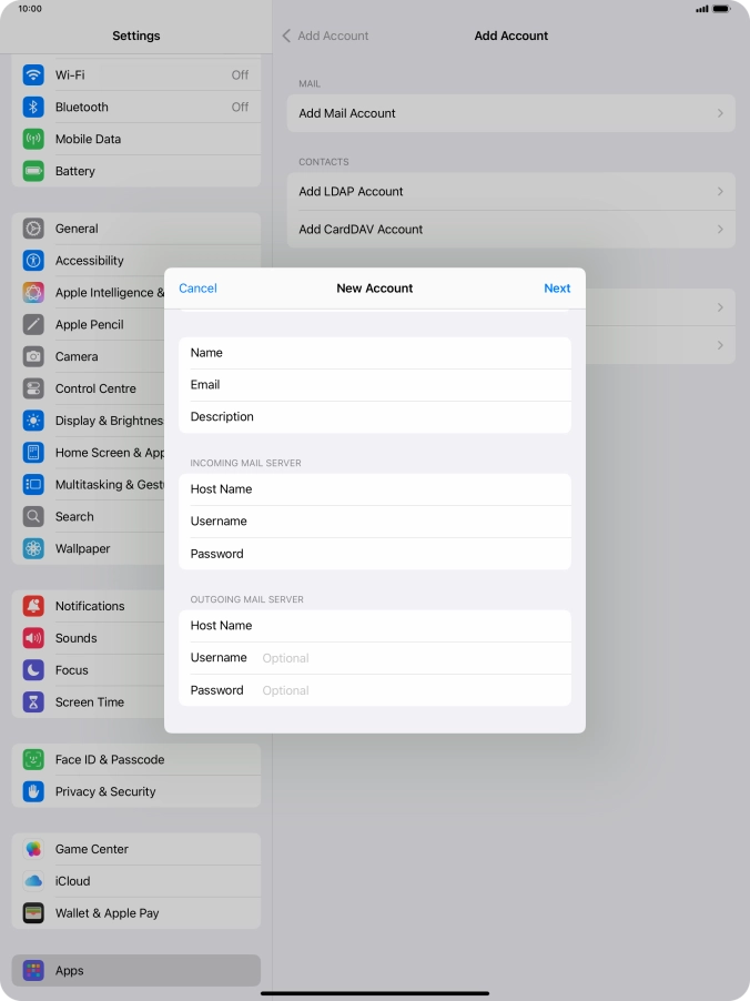 Press Username and key in the username for your email account. Please note that if you're using Vodafone's outgoing server, leave the username field empty.