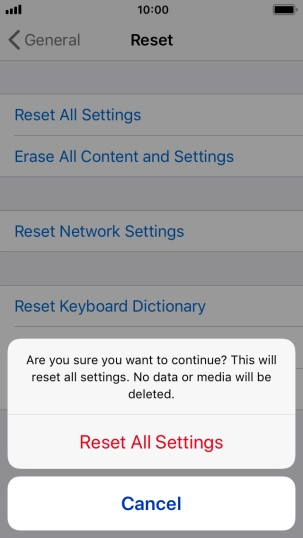 Press Reset All Settings. Wait a moment while the factory default settings are restored. Follow the instructions on the screen to set up your phone and prepare it for use.