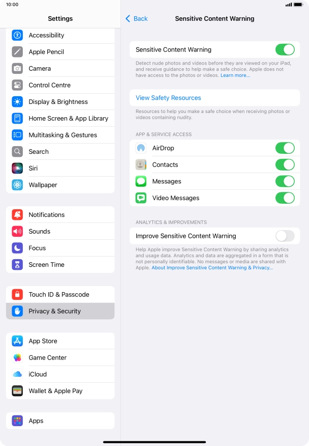 Press the indicators next to the required applications to turn the function on or off.