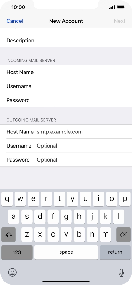 Press Host Name and key in the name or IP address of your email provider's outgoing server. Please note that if you can't send email messages when using your email provider's outgoing server, key in smtp.vodafone.net.au (Vodafone's outgoing server).