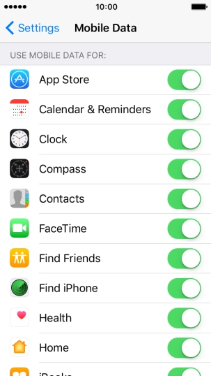Press the indicator next to the required application to turn the function on or off.