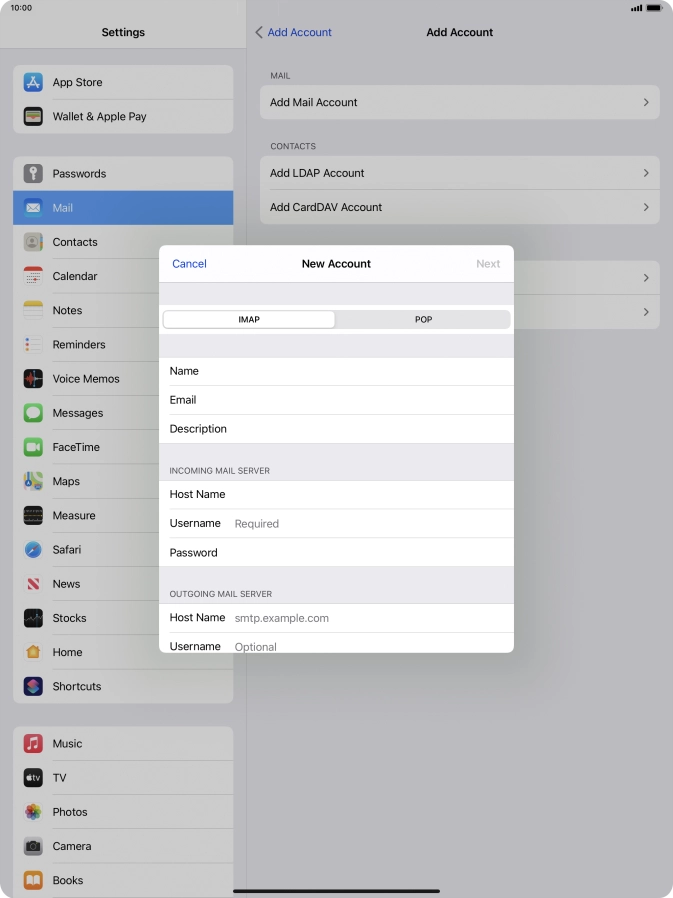 Press Username and key in the username for your email account.