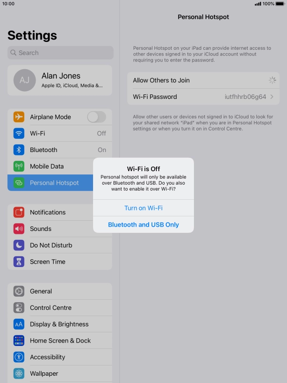 If Wi-Fi is turned on, press Bluetooth and USB Only.