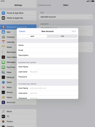 Press Username and key in the username for your email account.