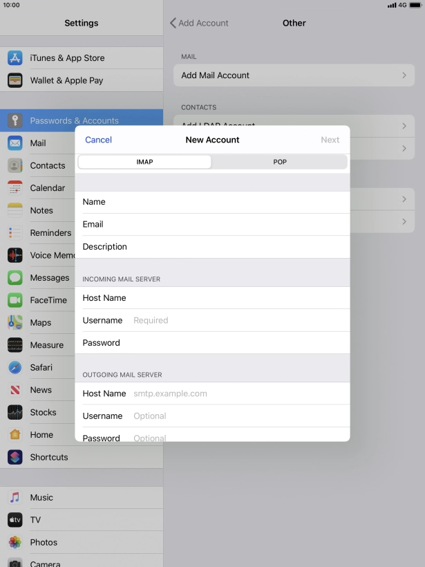 Press Username and key in the username for your email account.