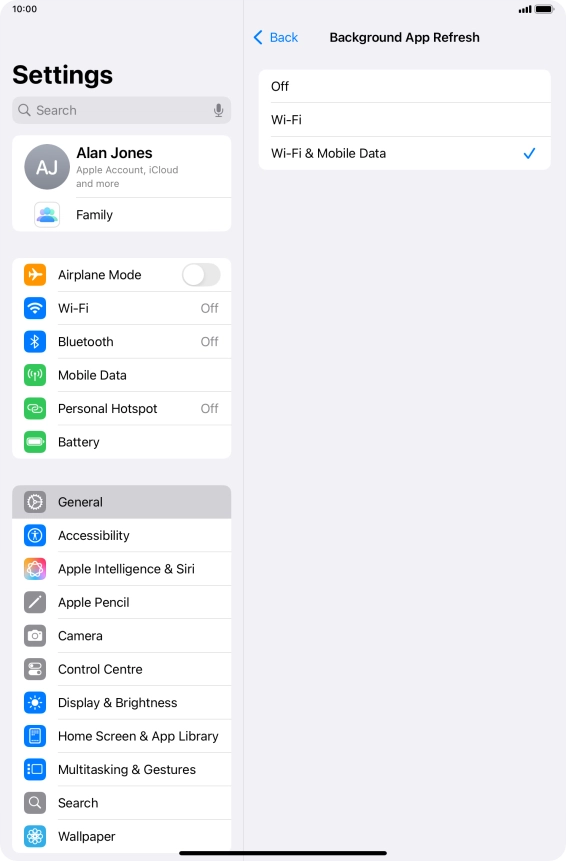 To turn off background refresh of apps, press Off.