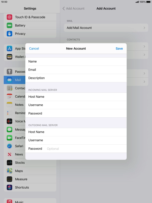 Press Password and key in the password for your email account. Please note that if you're using Vodafone's outgoing server, leave the password field empty.