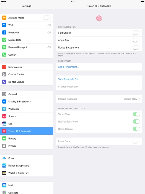 Press Turn Passcode On and key in a lock code of your own choice twice.