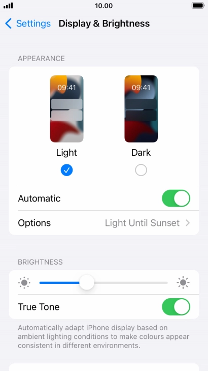If you turn on the function, press Options and follow the instructions on the screen to select the required period of time for Dark Mode.