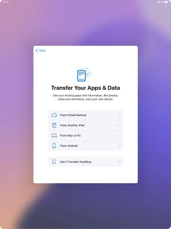 You can transfer the contents of an Android device to your tablet when it's activated for the first time and after a factory reset. When this screen is displayed, your tablet is ready to transfer content from an Android device.
