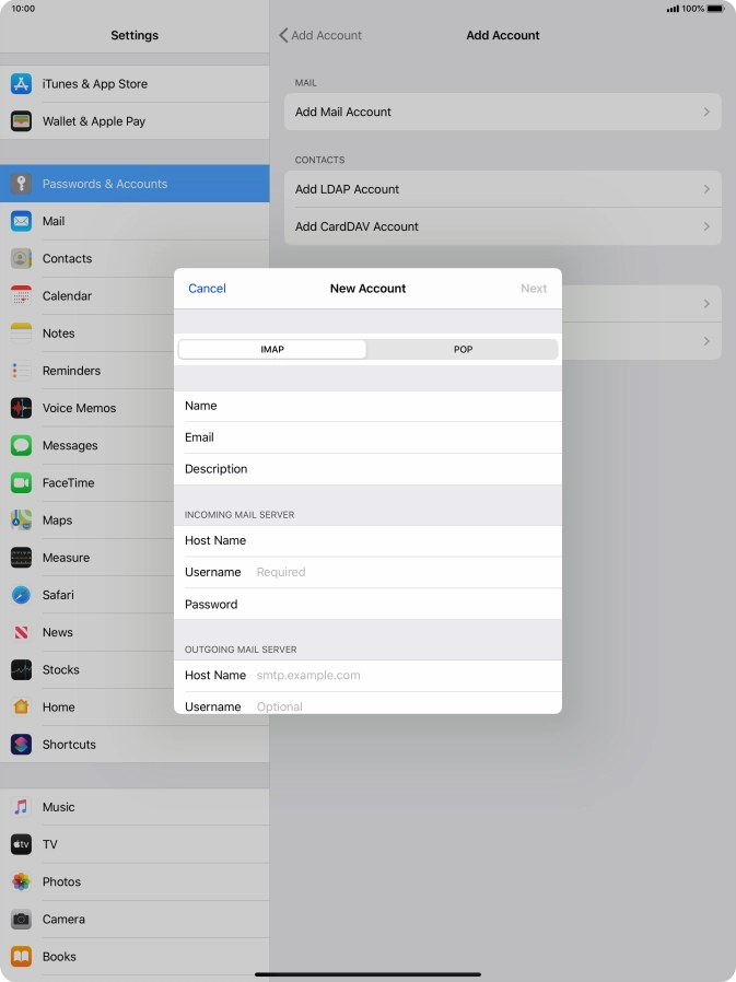 Press Username and key in the username for your email account.