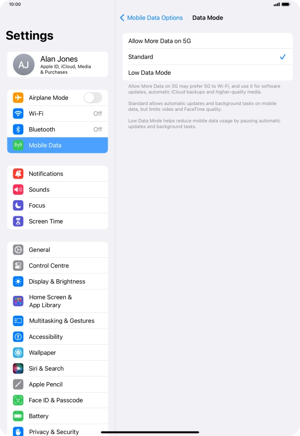 Press the required setting to turn the function on or off.