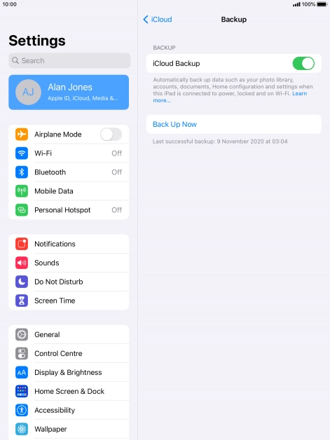 Press Back Up Now and wait while the tablet memory is backed up.