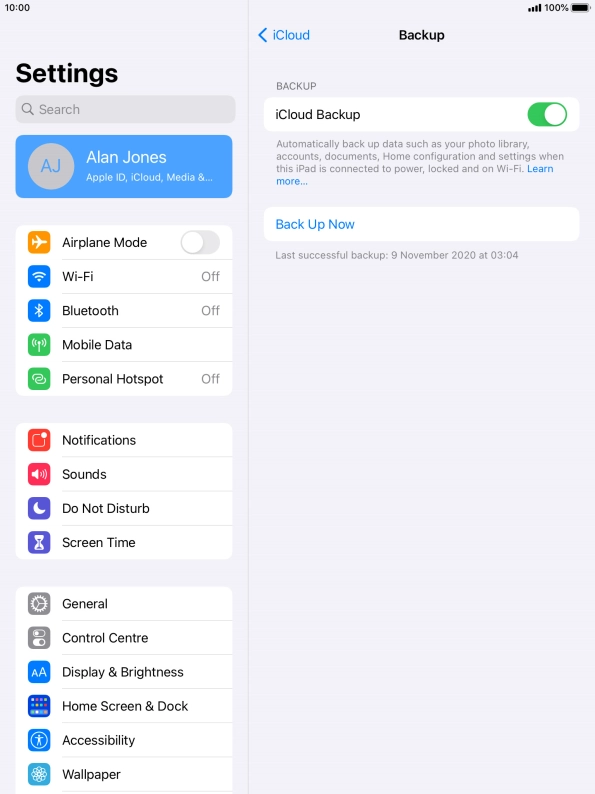 Press Back Up Now and wait while the tablet memory is backed up.