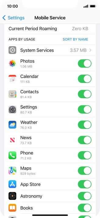 The data usage for each application is displayed below the name of the application.