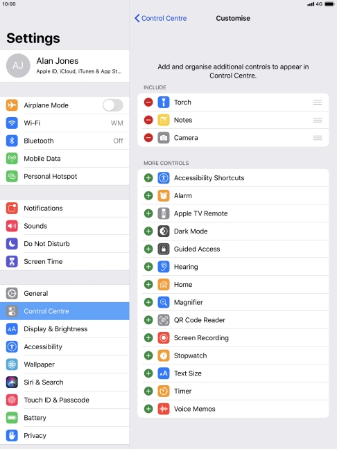 Press the delete icon next to the required function to remove it from Control Centre.