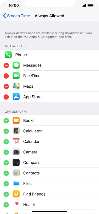 Press the remove icon next to the required app to remove it from the list of allowed apps during Downtime.
