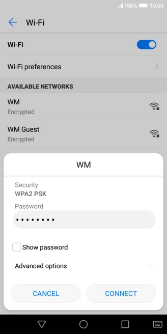 Key in the password for the Wi-Fi network and press CONNECT.