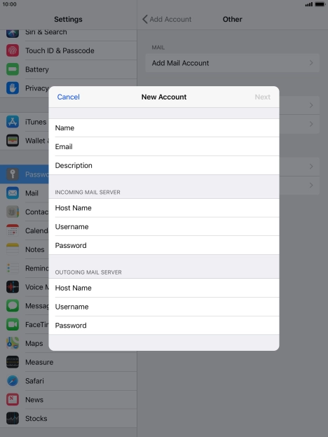Press Username and key in the username for your email account.