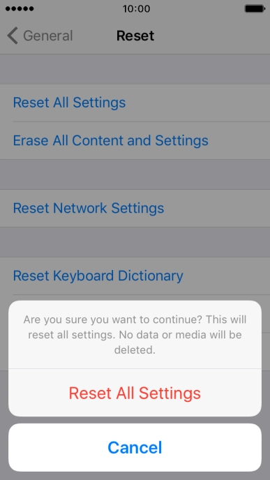 Press Reset All Settings. Wait a moment while the factory default settings are restored. 
Follow the instructions on the screen to set up your phone and prepare it for use.