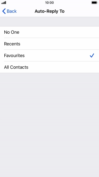 Press the required setting to select which contacts should automatically be notified that Do Not Disturb While Driving is turned on.