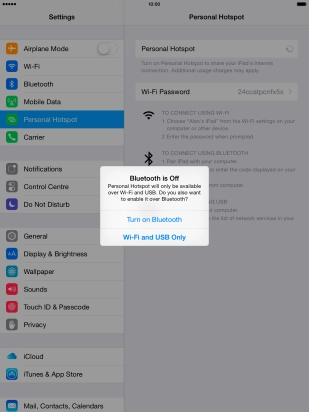 Press WiFi and USB Only. An internet connection from your computer via your tablet is automatically established.