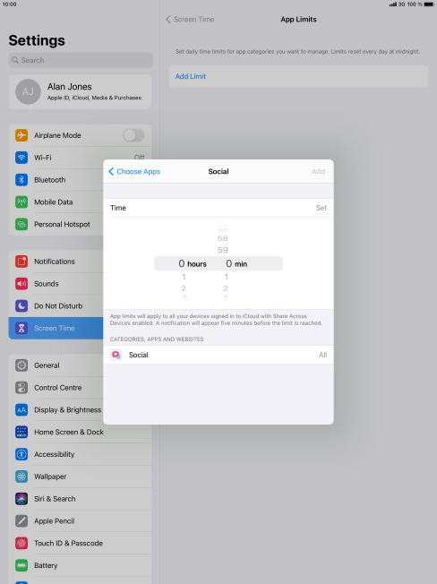 Set the required time limit for use of the selected category.