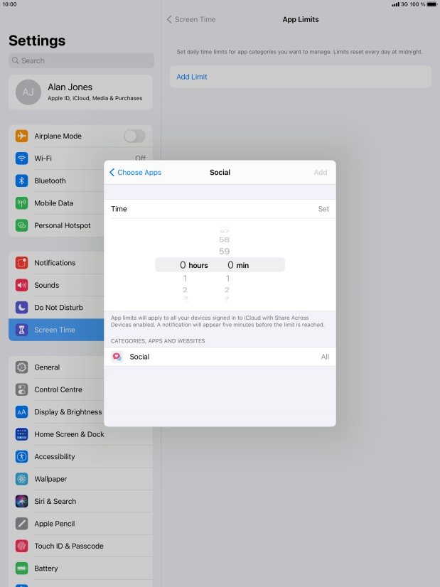 Set the required time limit for use of the selected category.