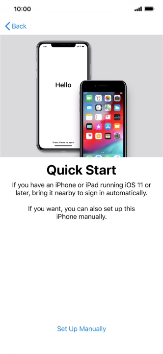 Follow the instructions on the screen to transfer content from another iOS 11 device or press Set Up Manually.