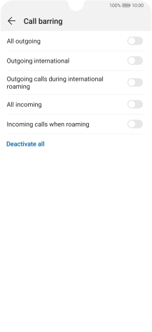 Press the indicator next to the required barring type to turn the function on or off.