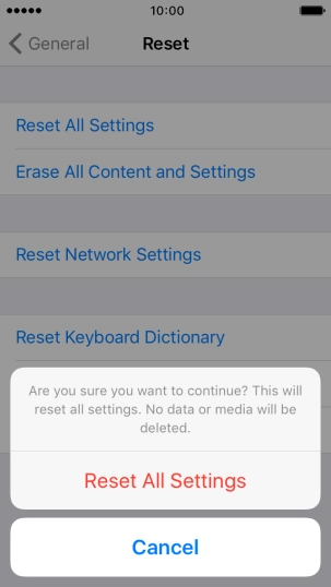 Press Reset All Settings. Wait a moment while the factory default settings are restored. 
Follow the instructions on the screen to set up your phone and prepare it for use.