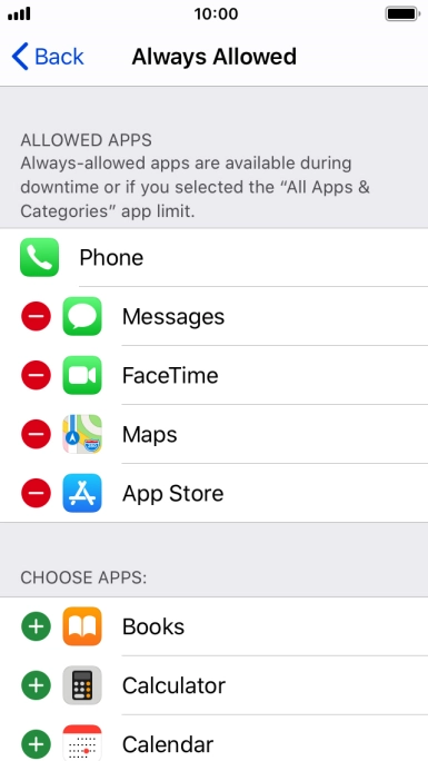 Press the remove icon next to the required app to remove it from the list of allowed apps during Downtime.