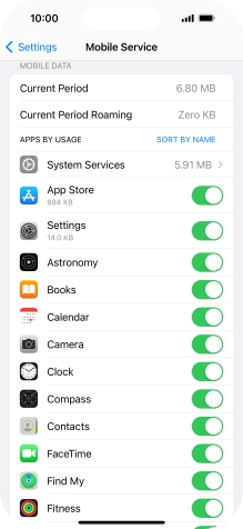 The data usage for each application is displayed below the name of the application.