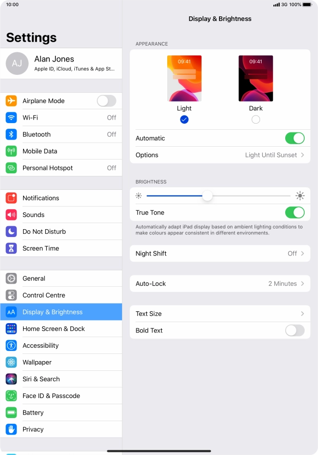 If you turn on the function, press Options and follow the instructions on the screen to select the required period of time for Dark Mode.
