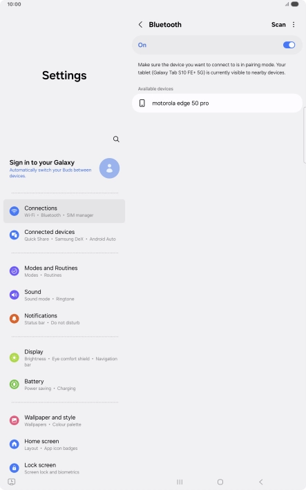 Press the required Bluetooth device and follow the instructions on the screen to pair the device with your tablet.