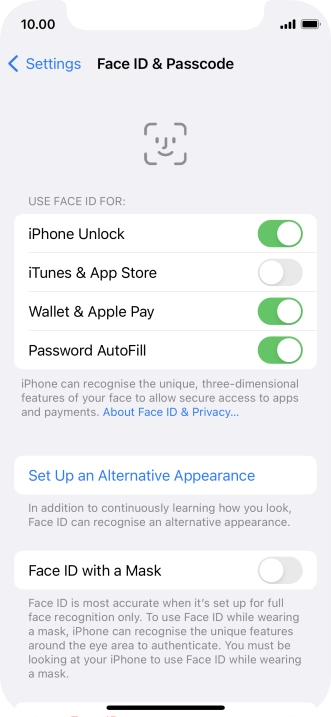 Press the indicators next to the required settings to turn them on or off.