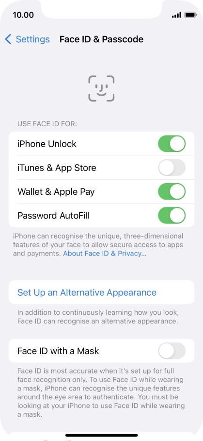 Press the indicators next to the required settings to turn them on or off.